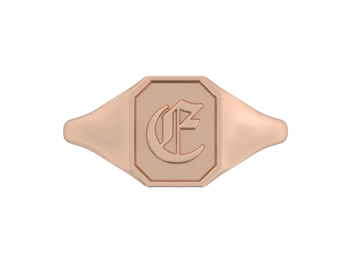 Classic men's signet ring, traditional octagonal face, custom initial in solid 14k rose gold. Heavyweight, heirloom quality personalized gift for men.