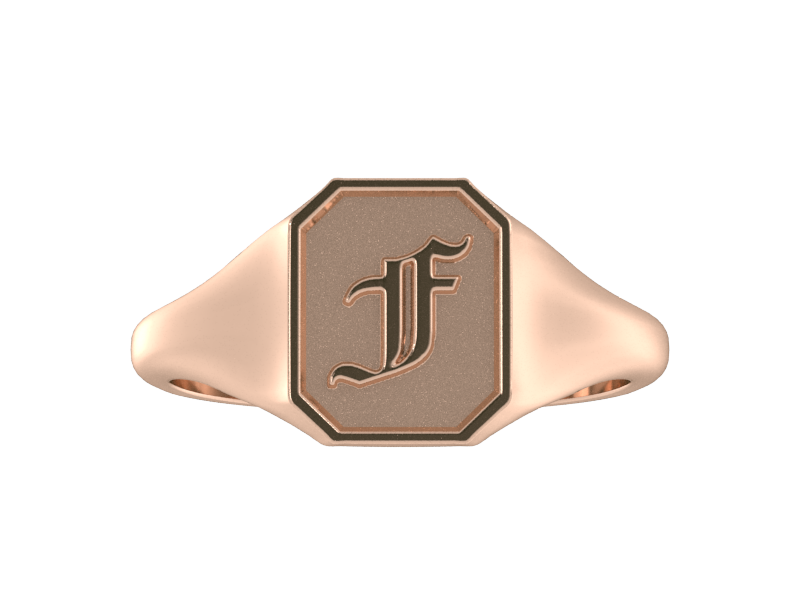 Classic men's signet ring, traditional octagonal face, custom initial in solid 14k rose gold. Heavyweight, heirloom quality personalized gift for men.