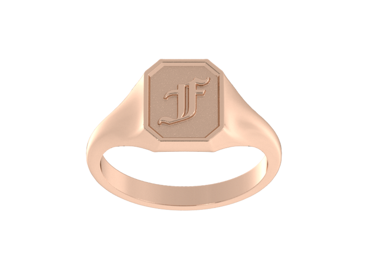 Classic men's signet ring, traditional octagonal face, custom initial in solid 14k rose gold. Heavyweight, heirloom quality personalized gift for men.