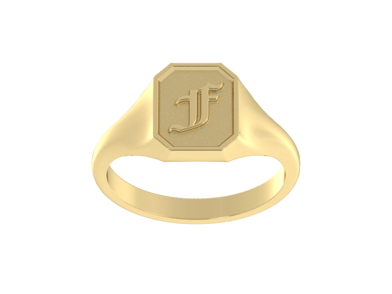 Classic men's signet ring, traditional octagonal face, custom serif initial in solid 14k yellow gold. Heavyweight, heirloom quality personalized gift for men.