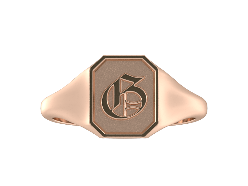Classic men's signet ring, traditional octagonal face, custom initial in solid 14k rose gold. Heavyweight, heirloom quality personalized gift for men.
