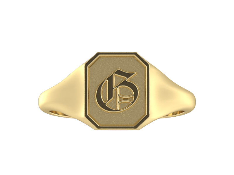 Classic men's signet ring, traditional octagonal face, custom serif initial in solid 14k yellow gold. Heavyweight, heirloom quality personalized gift for men.