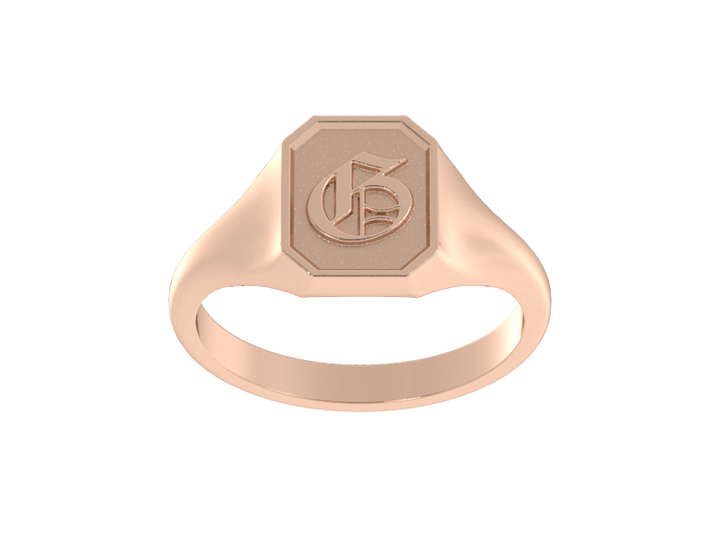 Classic men's signet ring, traditional octagonal face, custom initial in solid 14k rose gold. Heavyweight, heirloom quality personalized gift for men.