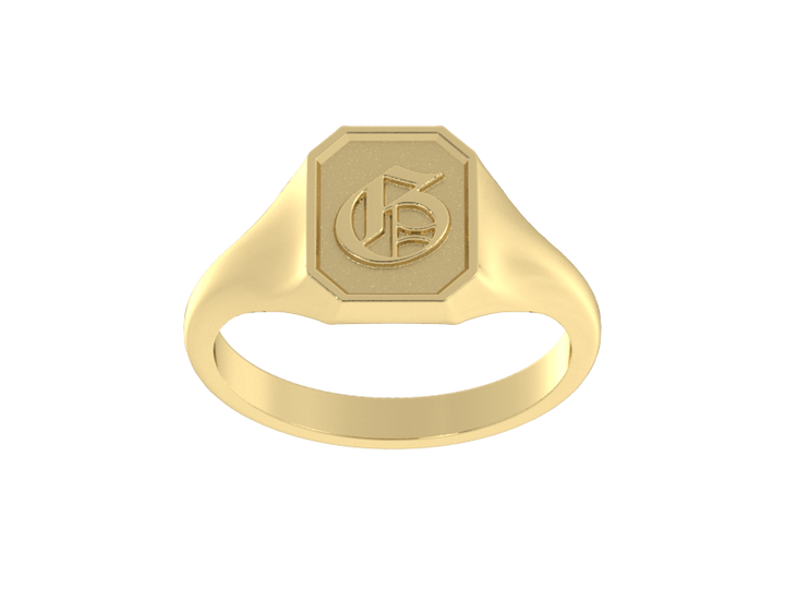 Classic men's signet ring, traditional octagonal face, custom serif initial in solid 14k yellow gold. Heavyweight, heirloom quality personalized gift for men.