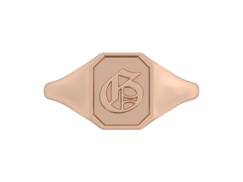 Classic men's signet ring, traditional octagonal face, custom initial in solid 14k rose gold. Heavyweight, heirloom quality personalized gift for men.