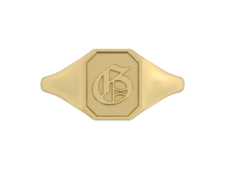 Classic men's signet ring, traditional octagonal face, custom serif initial in solid 14k yellow gold. Heavyweight, heirloom quality personalized gift for men.