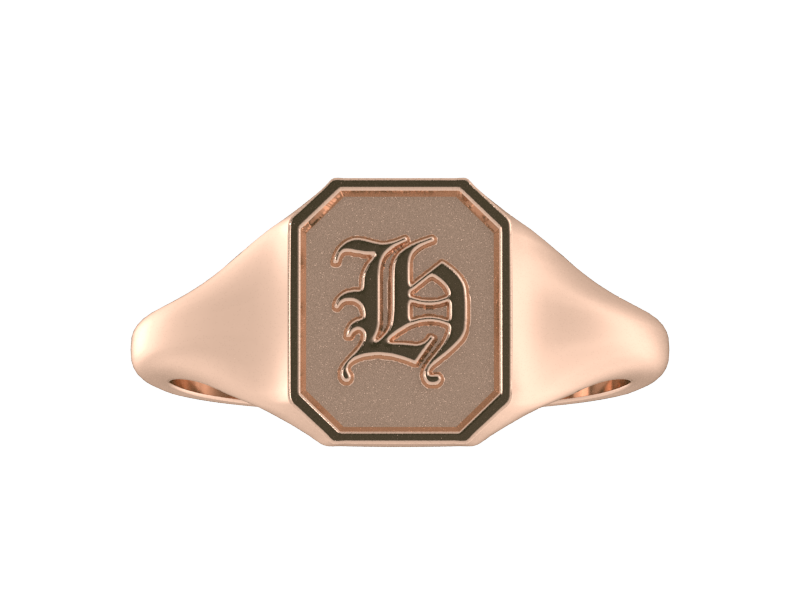 Classic men's signet ring, traditional octagonal face, custom initial in solid 14k rose gold. Heavyweight, heirloom quality personalized gift for men.