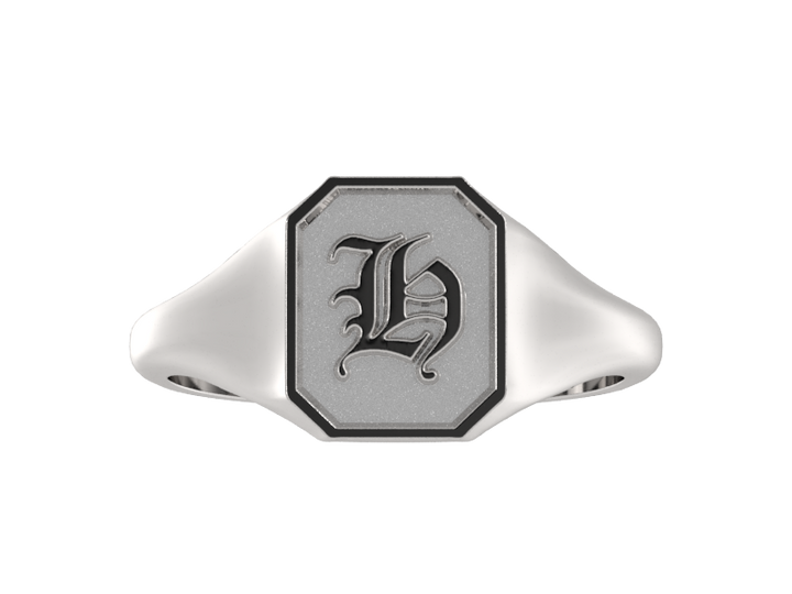 Classic men's signet ring, traditional octagonal face, custom initial in solid 14k gold or sterling silver. Heavyweight, heirloom quality personalized gift for men.