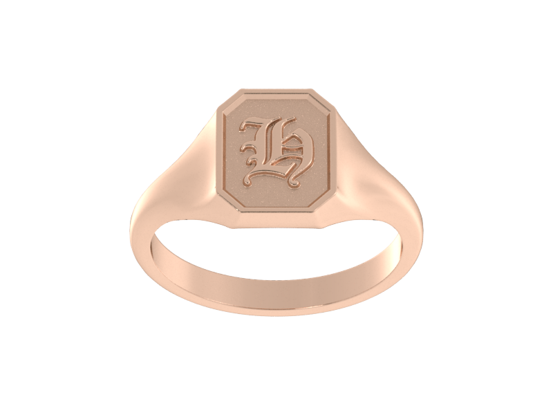 Classic men's signet ring, traditional octagonal face, custom initial in solid 14k rose gold. Heavyweight, heirloom quality personalized gift for men.