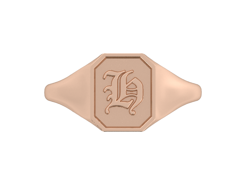 Classic men's signet ring, traditional octagonal face, custom initial in solid 14k rose gold. Heavyweight, heirloom quality personalized gift for men.