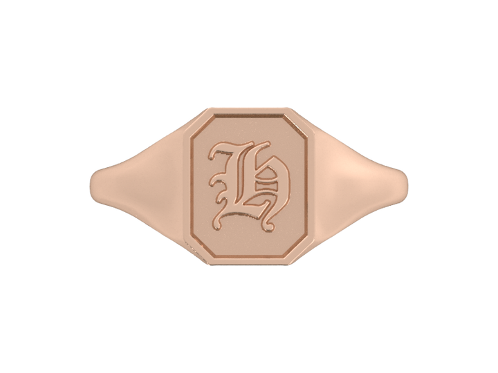 Classic men's signet ring, traditional octagonal face, custom initial in solid 14k rose gold. Heavyweight, heirloom quality personalized gift for men.