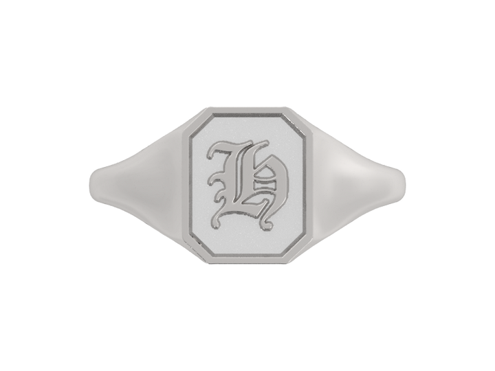 Classic men's signet ring, traditional octagonal face, custom initial in solid 14k gold or sterling silver. Heavyweight, heirloom quality personalized gift for men.