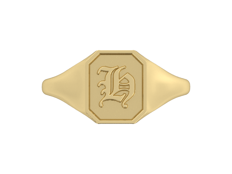 Classic men's signet ring, traditional octagonal face, custom serif initial in solid 14k yellow gold. Heavyweight, heirloom quality personalized gift for men.