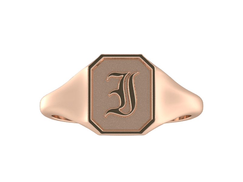 Classic men's signet ring, traditional octagonal face, custom initial in solid 14k rose gold. Heavyweight, heirloom quality personalized gift for men.