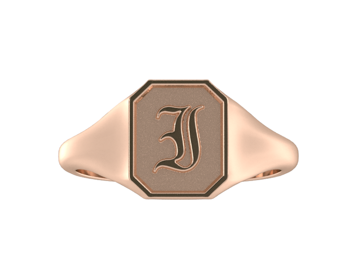 Classic men's signet ring, traditional octagonal face, custom initial in solid 14k rose gold. Heavyweight, heirloom quality personalized gift for men.