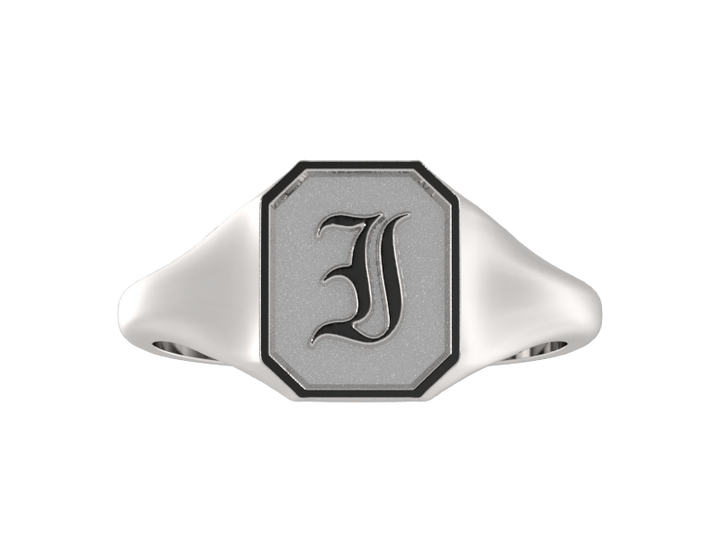 Classic men's signet ring, traditional octagonal face, custom initial in solid 14k gold or sterling silver. Heavyweight, heirloom quality personalized gift for men.