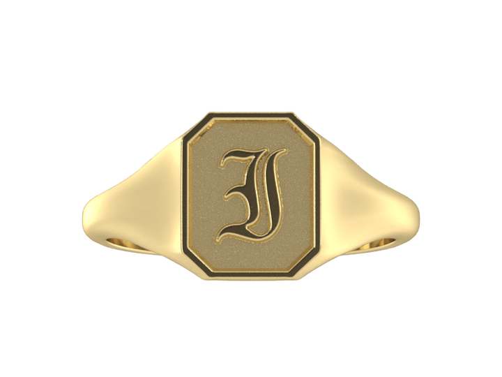 Classic men's signet ring, traditional octagonal face, custom initial in solid 14k gold or sterling silver. Heavyweight, heirloom quality personalized gift for men.