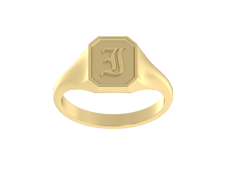 Classic men's signet ring, traditional octagonal face, custom initial in solid 14k gold or sterling silver. Heavyweight, heirloom quality personalized gift for men.
