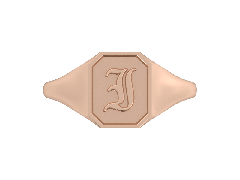 Classic men's signet ring, traditional octagonal face, custom initial in solid 14k rose gold. Heavyweight, heirloom quality personalized gift for men.