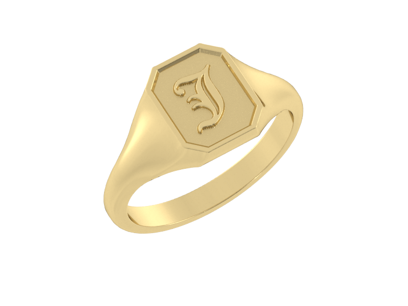 Classic men's signet ring, traditional octagonal face, custom serif initial in solid 14k yellow gold. Heavyweight, heirloom quality personalized gift for men.