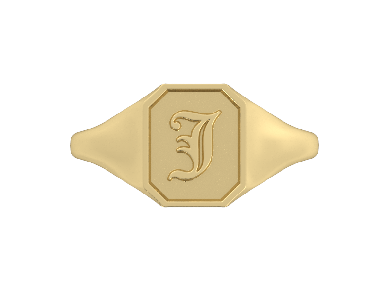 Classic men's signet ring, traditional octagonal face, custom serif initial in solid 14k yellow gold. Heavyweight, heirloom quality personalized gift for men.