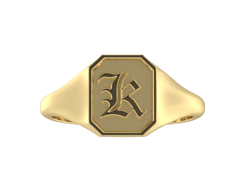 Classic men's signet ring, traditional octagonal face, custom serif initial in solid 14k yellow gold. Heavyweight, heirloom quality personalized gift for men.