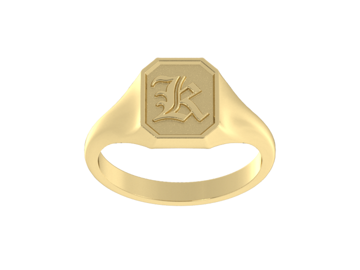 Classic men's signet ring, traditional octagonal face, custom serif initial in solid 14k yellow gold. Heavyweight, heirloom quality personalized gift for men.