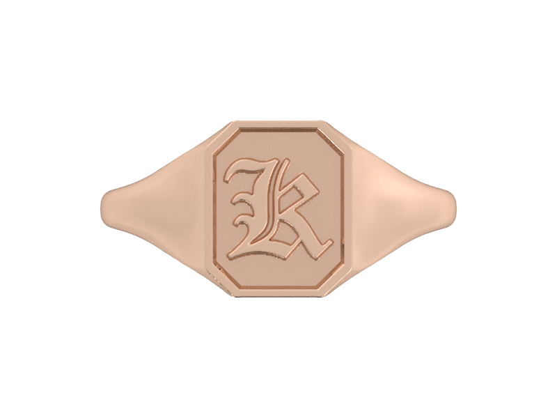 Classic men's signet ring, traditional octagonal face, custom initial in solid 14k rose gold. Heavyweight, heirloom quality personalized gift for men.
