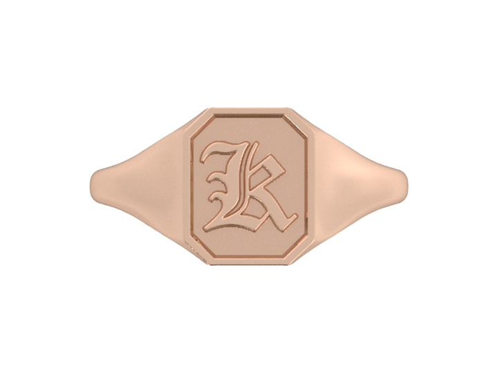 Classic men's signet ring, traditional octagonal face, custom initial in solid 14k rose gold. Heavyweight, heirloom quality personalized gift for men.