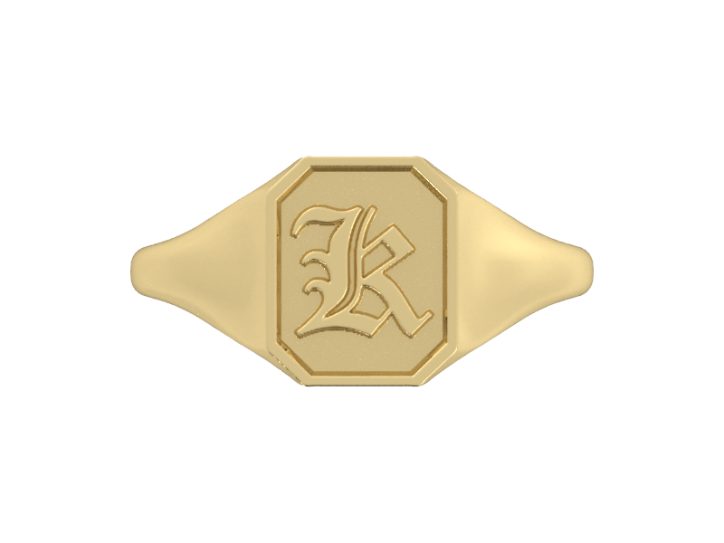 Classic men's signet ring, traditional octagonal face, custom serif initial in solid 14k yellow gold. Heavyweight, heirloom quality personalized gift for men.