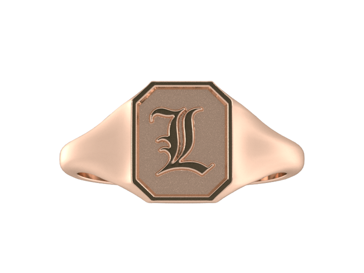 Classic men's signet ring, traditional octagonal face, custom initial in solid 14k rose gold. Heavyweight, heirloom quality personalized gift for men.