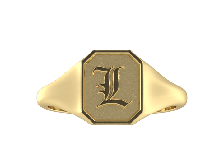 Classic men's signet ring, traditional octagonal face, custom serif initial in solid 14k yellow gold. Heavyweight, heirloom quality personalized gift for men.