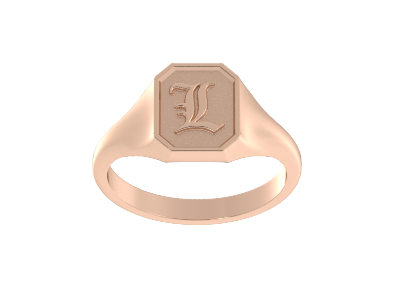Classic men's signet ring, traditional octagonal face, custom initial in solid 14k rose gold. Heavyweight, heirloom quality personalized gift for men.