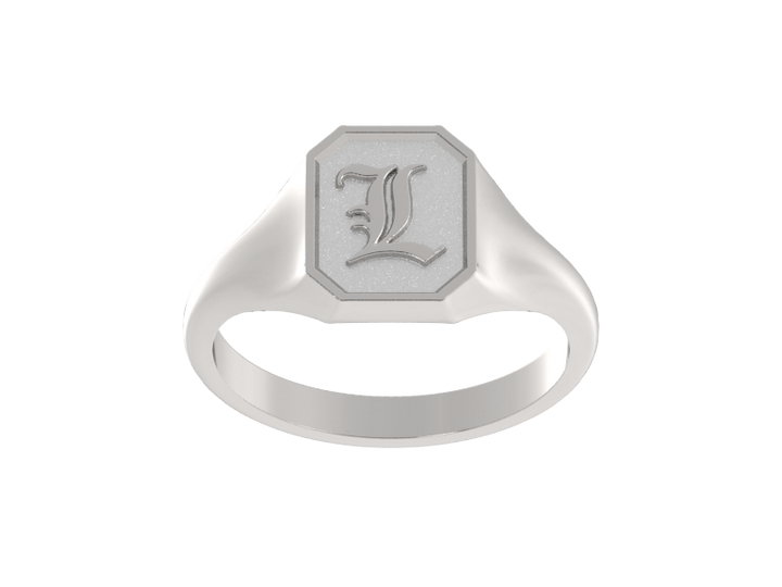 Classic men's signet ring, traditional octagonal face, custom initial in solid 14k gold or sterling silver. Heavyweight, heirloom quality personalized gift for men.