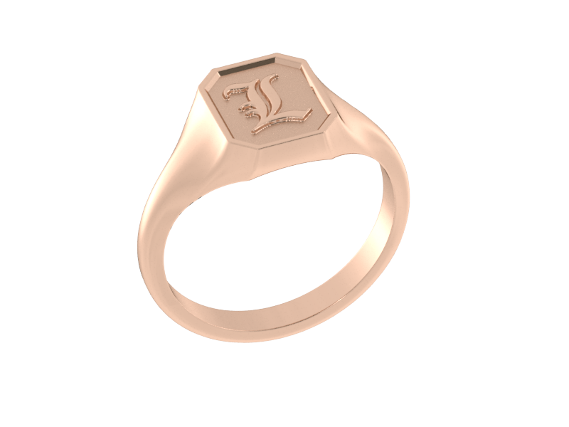 Classic men's signet ring, traditional octagonal face, custom initial in solid 14k rose gold. Heavyweight, heirloom quality personalized gift for men.