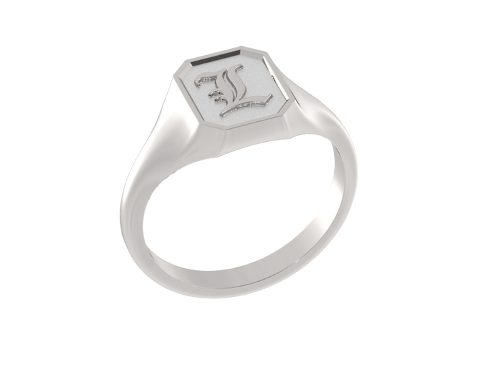 Classic men's signet ring, traditional octagonal face, custom initial in solid 14k gold or sterling silver. Heavyweight, heirloom quality personalized gift for men.