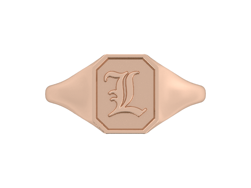 Classic men's signet ring, traditional octagonal face, custom initial in solid 14k rose gold. Heavyweight, heirloom quality personalized gift for men.