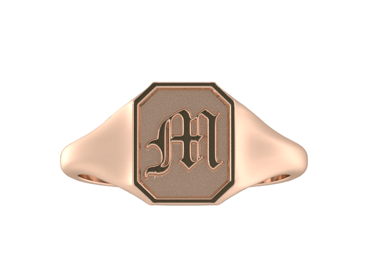 Classic men's signet ring, traditional octagonal face, custom initial in solid 14k rose gold. Heavyweight, heirloom quality personalized gift for men.