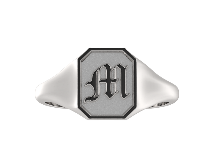 Classic men's signet ring, traditional octagonal face, custom initial in solid 14k gold or sterling silver. Heavyweight, heirloom quality personalized gift for men.