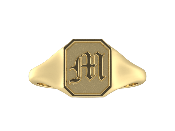 Classic men's signet ring, traditional octagonal face, custom serif initial in solid 14k yellow gold. Heavyweight, heirloom quality personalized gift for men.