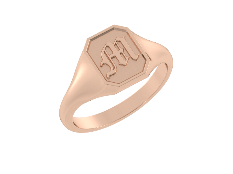 Classic men's signet ring, traditional octagonal face, custom initial in solid 14k rose gold. Heavyweight, heirloom quality personalized gift for men.