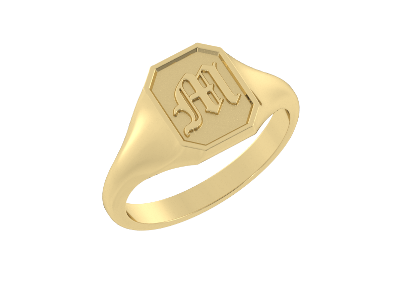 Classic men's signet ring, traditional octagonal face, custom serif initial in solid 14k yellow gold. Heavyweight, heirloom quality personalized gift for men.