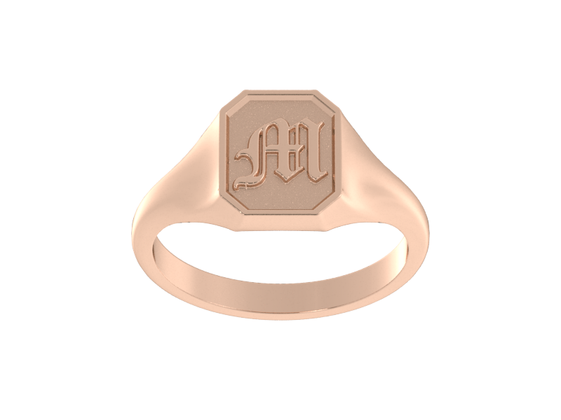 Classic men's signet ring, traditional octagonal face, custom initial in solid 14k rose gold. Heavyweight, heirloom quality personalized gift for men.