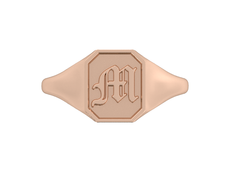 Classic men's signet ring, traditional octagonal face, custom initial in solid 14k rose gold. Heavyweight, heirloom quality personalized gift for men.