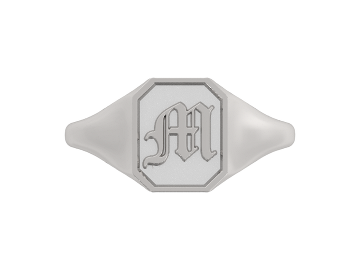 Classic men's signet ring, traditional octagonal face, custom initial in solid 14k gold or sterling silver. Heavyweight, heirloom quality personalized gift for men.