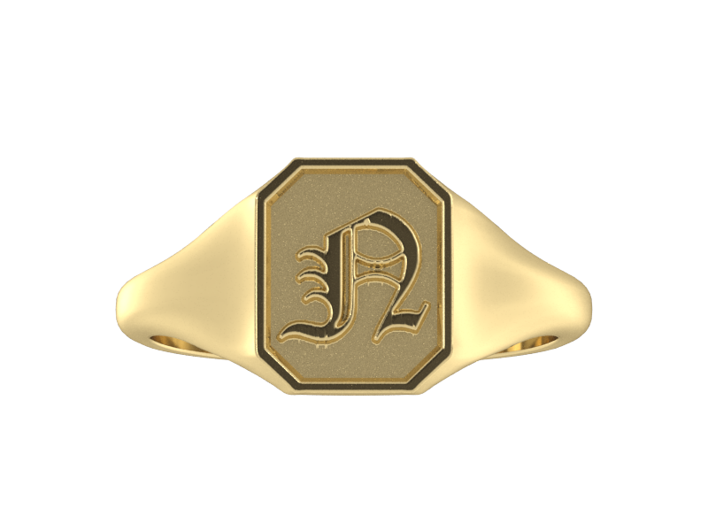 Classic men's signet ring, traditional octagonal face, custom serif initial in solid 14k yellow gold. Heavyweight, heirloom quality personalized gift for men.