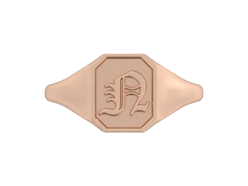 Classic men's signet ring, traditional octagonal face, custom initial in solid 14k rose gold. Heavyweight, heirloom quality personalized gift for men.