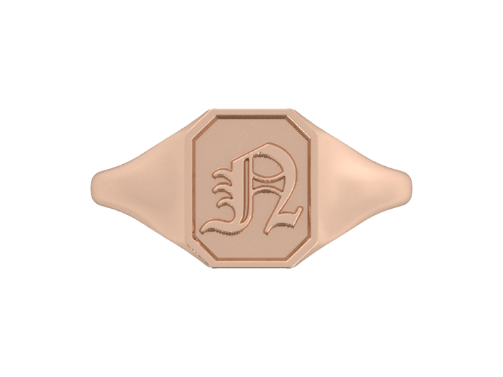 Classic men's signet ring, traditional octagonal face, custom initial in solid 14k rose gold. Heavyweight, heirloom quality personalized gift for men.