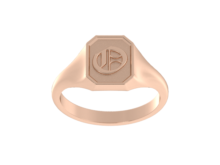 Classic men's signet ring, traditional octagonal face, custom initial in solid 14k rose gold. Heavyweight, heirloom quality personalized gift for men.