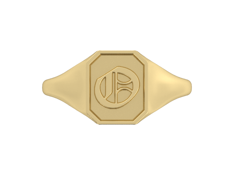 Classic men's signet ring, traditional octagonal face, custom serif initial in solid 14k yellow gold. Heavyweight, heirloom quality personalized gift for men.